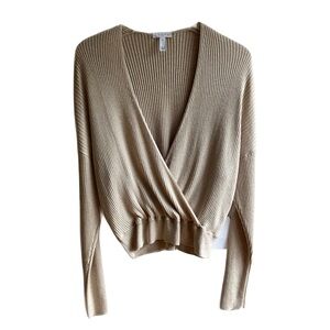Leith Etherea Heather Ribbed Knit Draped Wrap Front Peplum Sweater Size M Beige